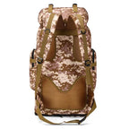 80L tactical backpack in desert camouflage with front mesh pocket and brown webbing straps