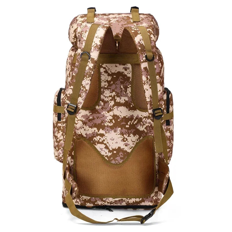 80L tactical backpack in desert camouflage with front mesh pocket and brown webbing straps