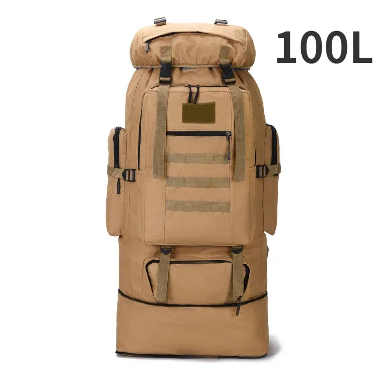 100L tactical backpack in tan fabric with front organizer panel and webbing straps