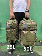 Tactical MOLLE rucksack pair in green camouflage with front flap pockets and U.S. flag patches