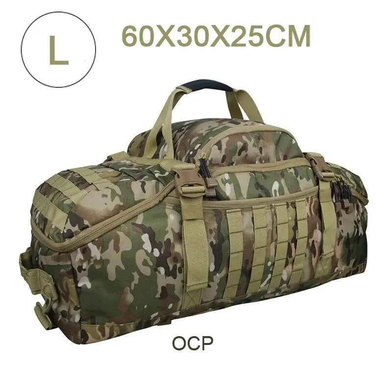 Tactical MOLLE duffel backpack in OCP camo, front molle webbing and carrying handles