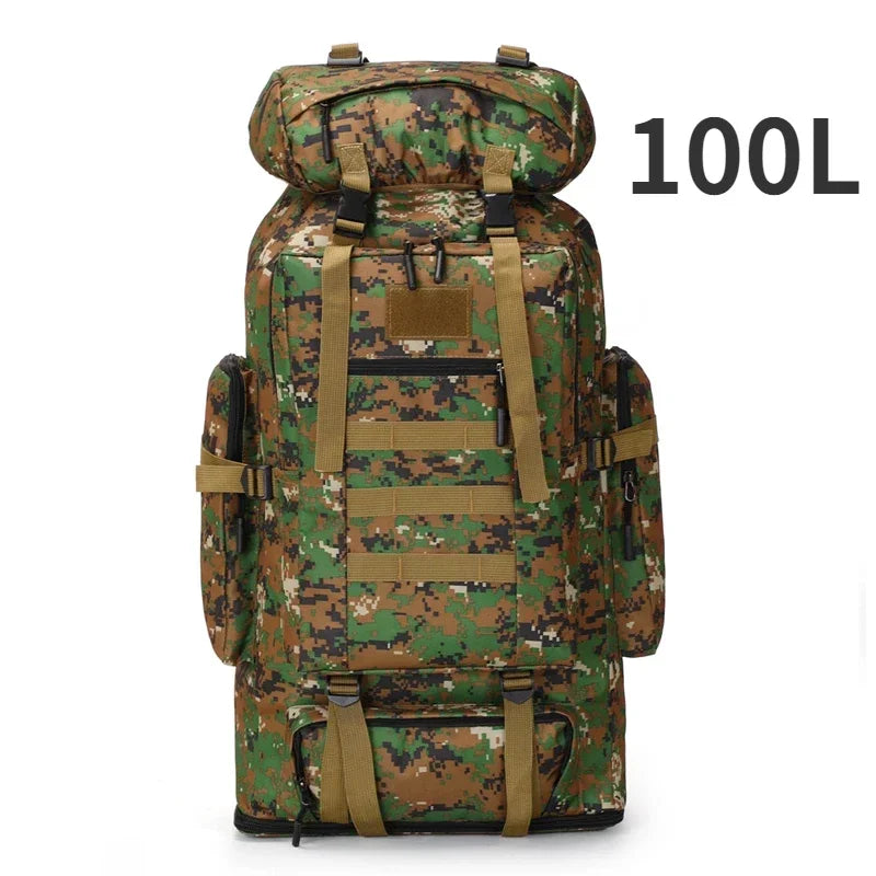 100L tactical backpack in green camouflage, padded front panel with webbing straps
