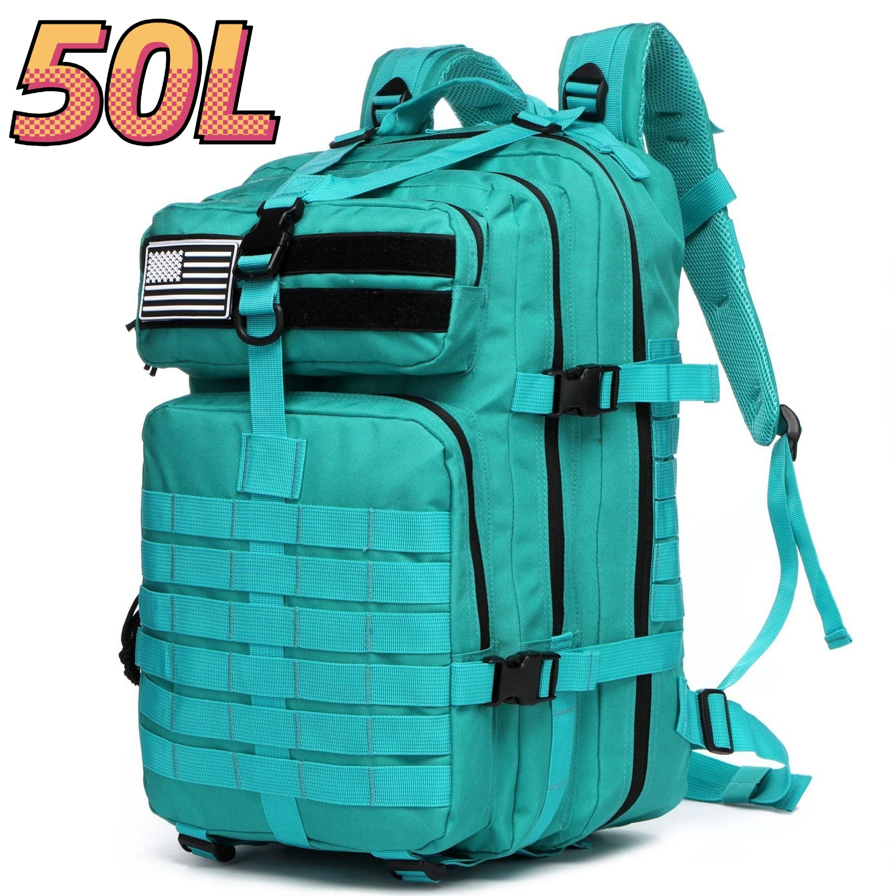 Teal tactical backpack with front zip compartments and MOLLE webbing, padded shoulder strap