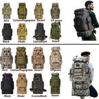 Tactical backpack color options collage showing multiple camo and solid variants.