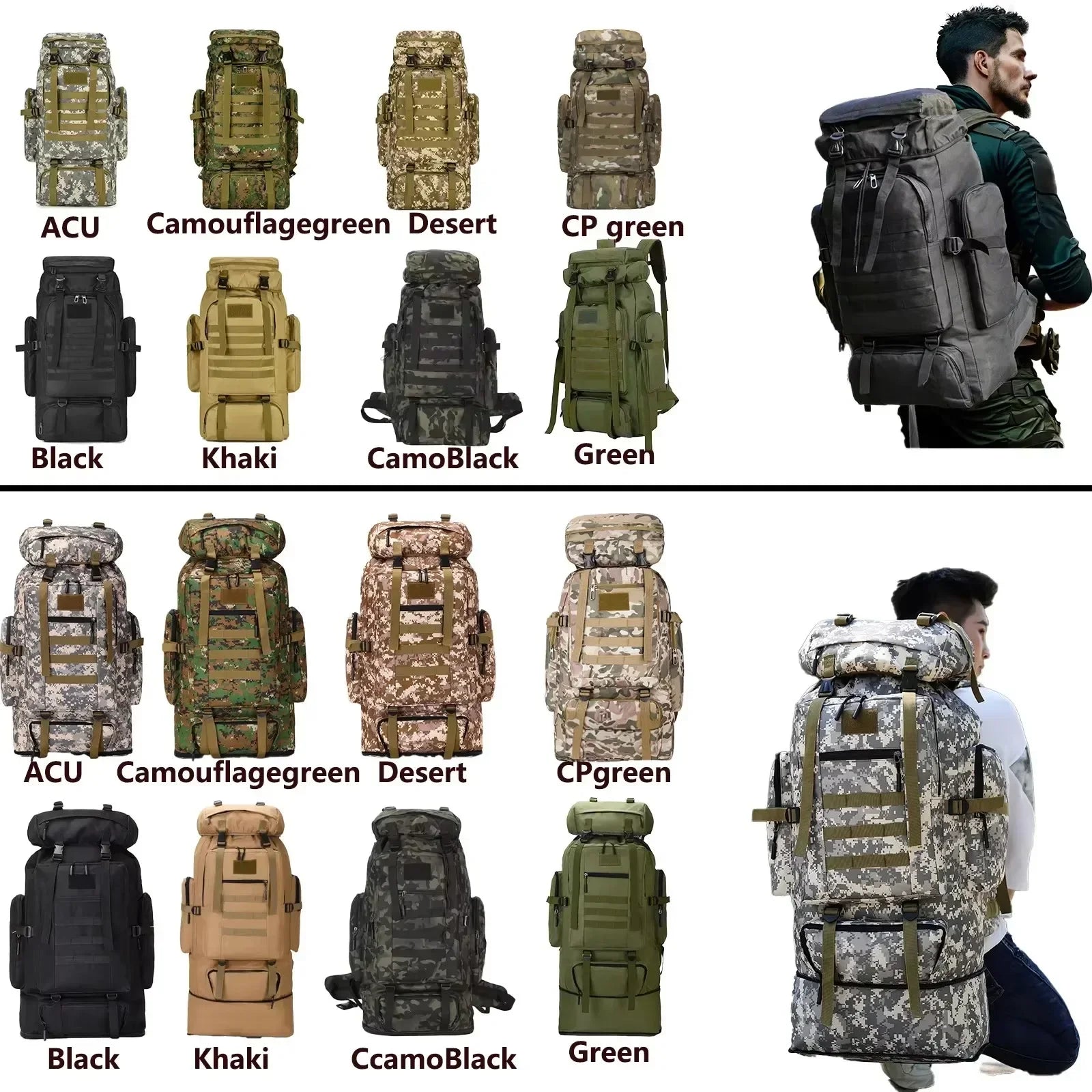 Tactical backpack color options collage showing multiple camo and solid variants.