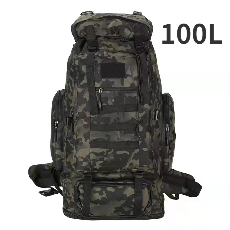 100L camo tactical backpack with front organizer panel and padded adjustable shoulder straps