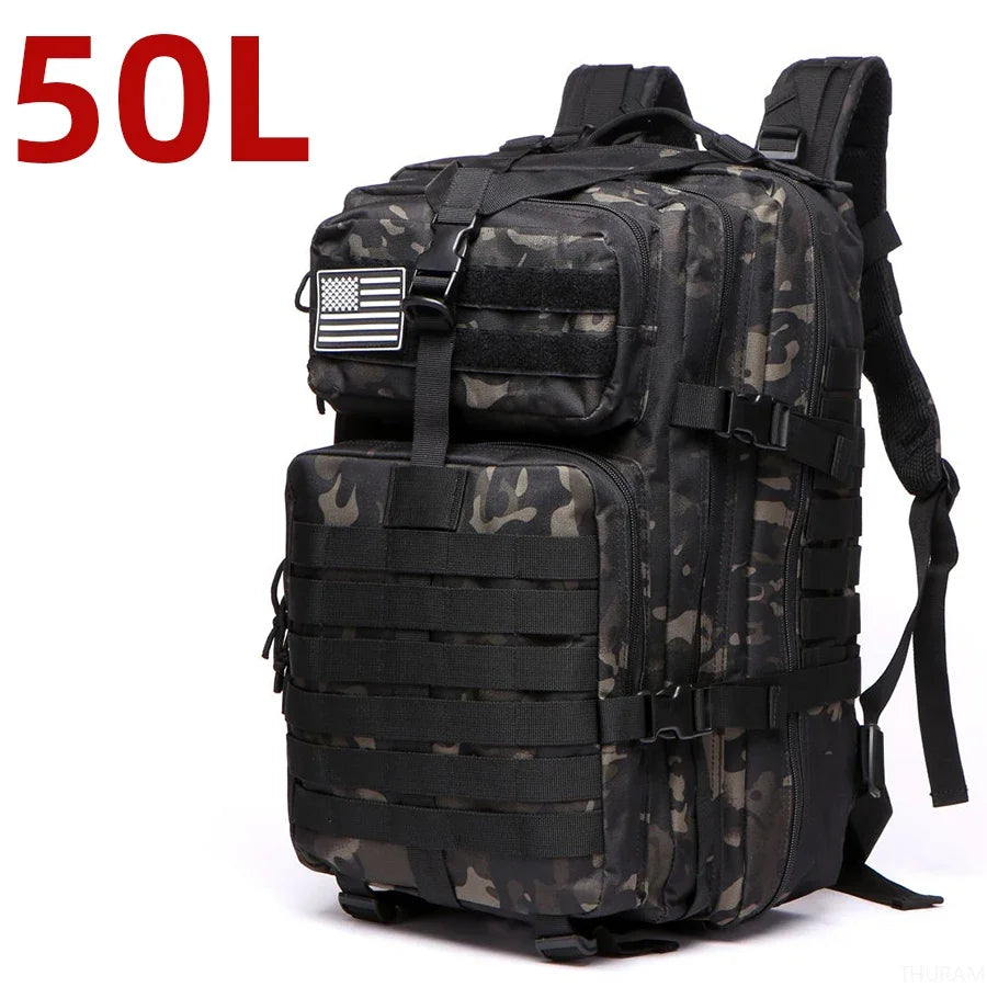 Dark camo tactical backpack with MOLLE webbing, front zip pocket, padded shoulder straps