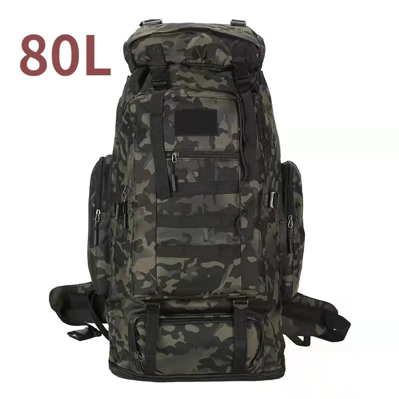 80L tactical backpack in dark camouflage with front MOLLE webbing and utility pockets