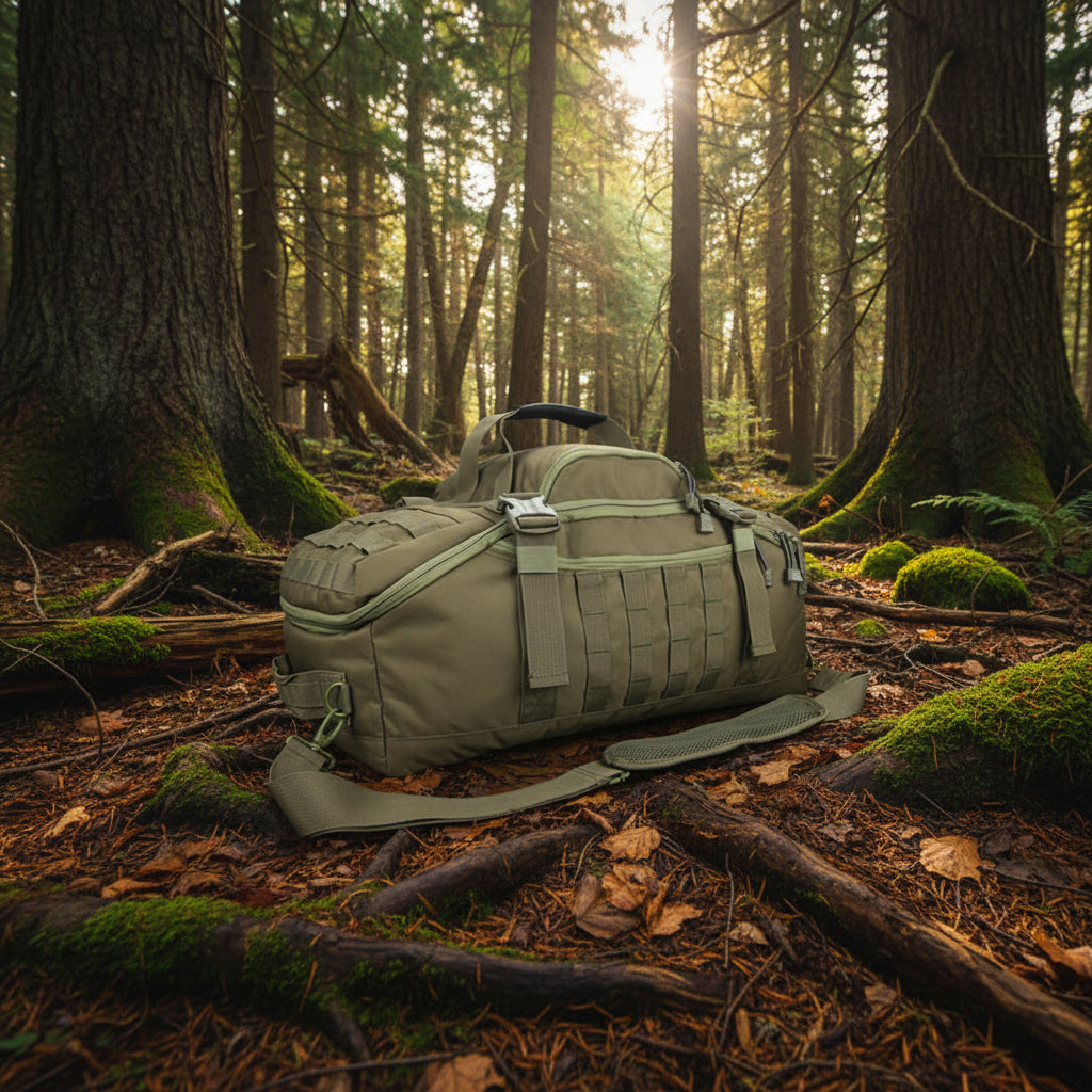 Tactical MOLLE backpack in olive green with MOLLE front grid and padded base