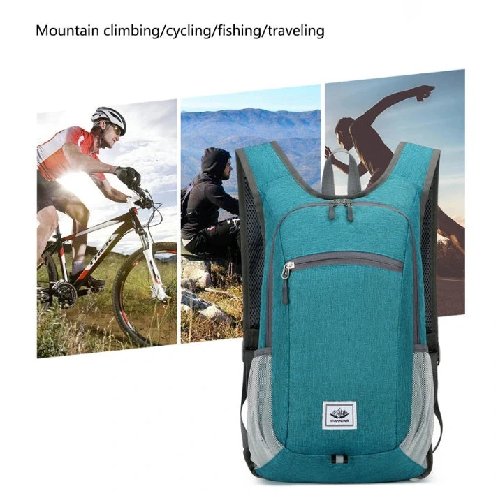 Teal backpack with images of people engaging in outdoor activities on a white background
