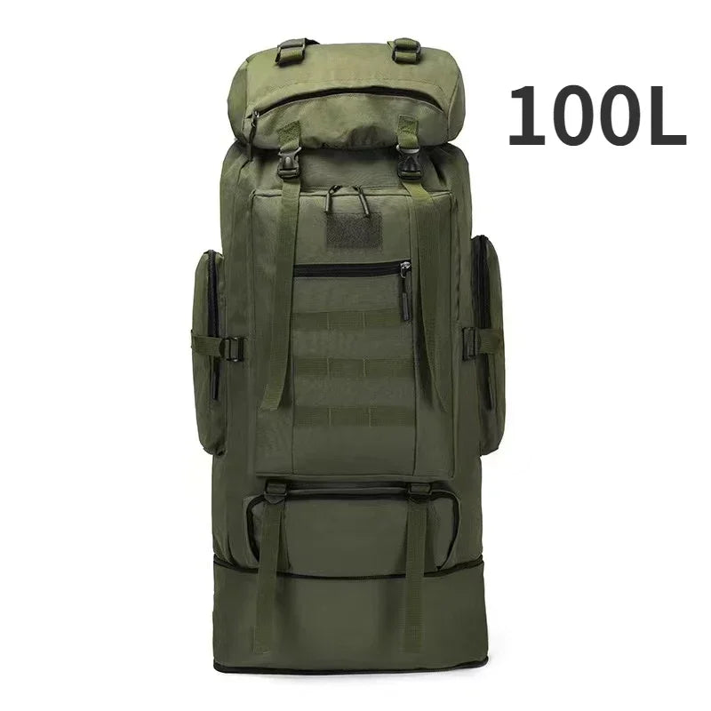 Olive tactical backpack with rear straps, zip pocket panels, 100L capacity