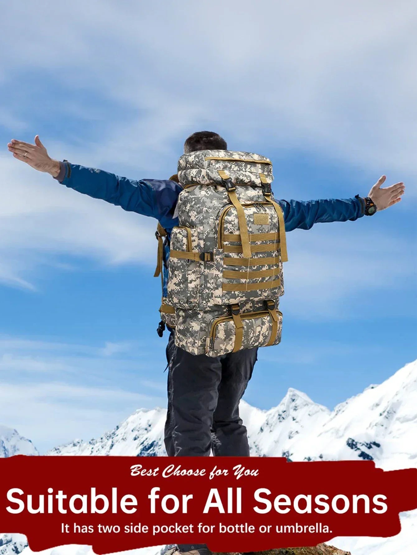 Tactical backpack in desert camo worn by a person outdoors.