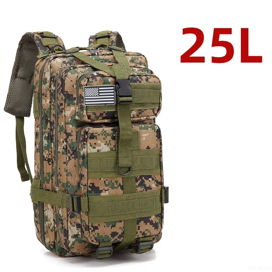 Camouflage tactical MOLLE rucksack with padded shoulder straps, front pockets and U.S. flag patch