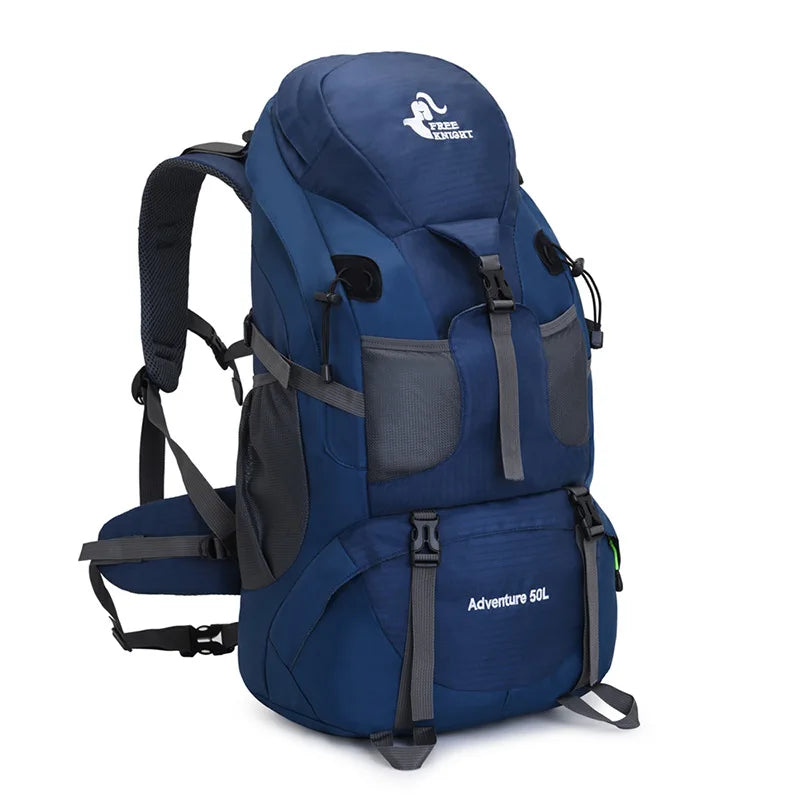Blue 50L hiking backpack with front organizer pocket and padded straps