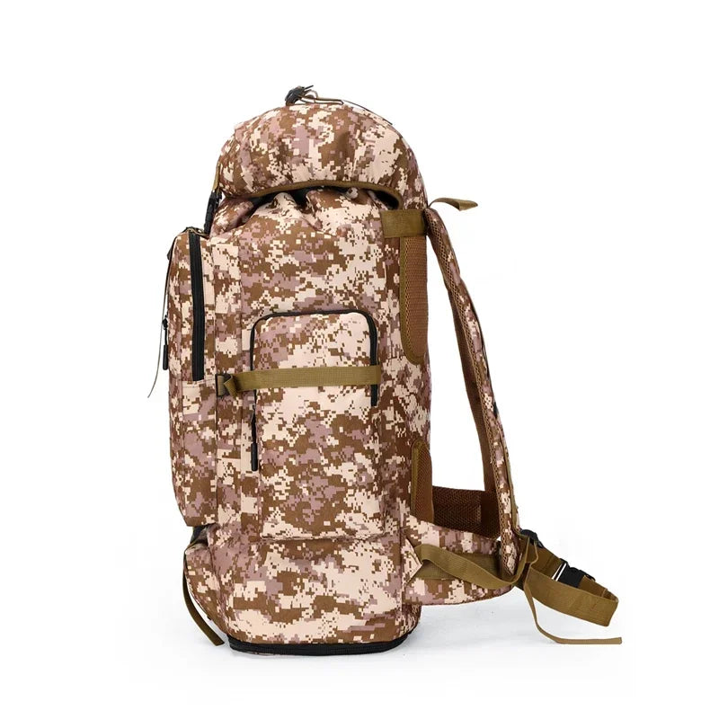 Tactical backpack in desert pixel camo with side carry strap and zip front pocket