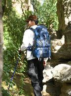 Blue outdoor hiking backpack with front storage pockets and adjustable shoulder straps
