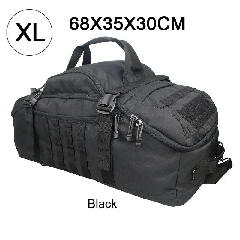 Tactical MOLLE duffel backpack in black with padded side panel and zipper-front storage