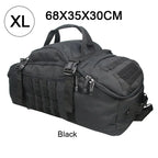 Tactical MOLLE duffel backpack in black with padded side panel and zipper-front storage