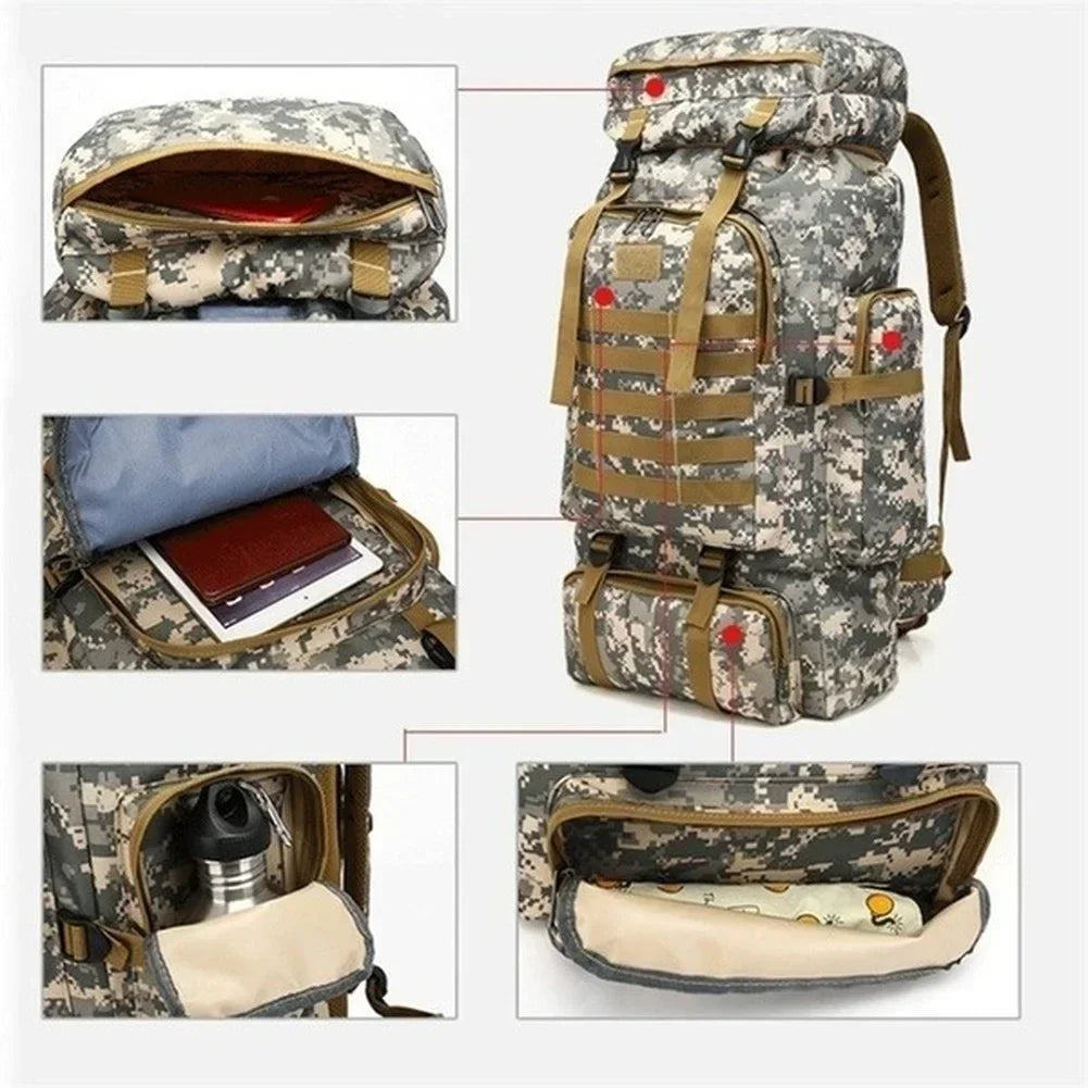 Tactical backpack in desert camo shown open with interior compartments.