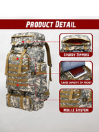 Desert camo tactical backpack with front harness straps and zippered pockets.