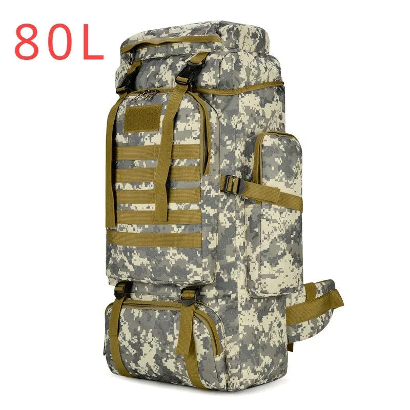 80L tactical backpack in light digital camo with tan MOLLE webbing and straps