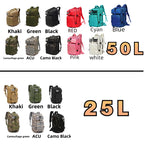 Tactical backpack color selection showing 25L and 50L options