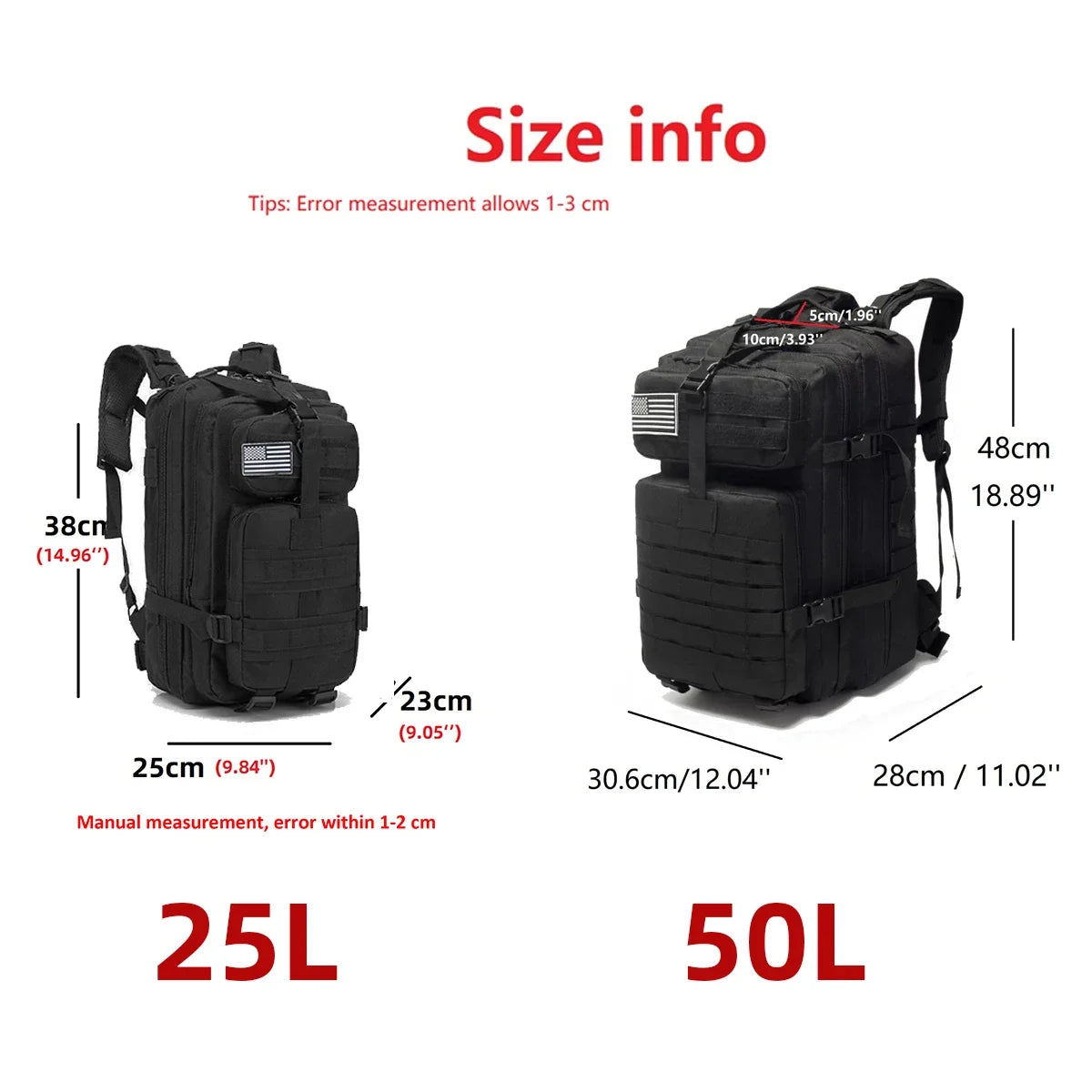 Black tactical backpack with MOLLE webbing, front compartments, and padded shoulder straps