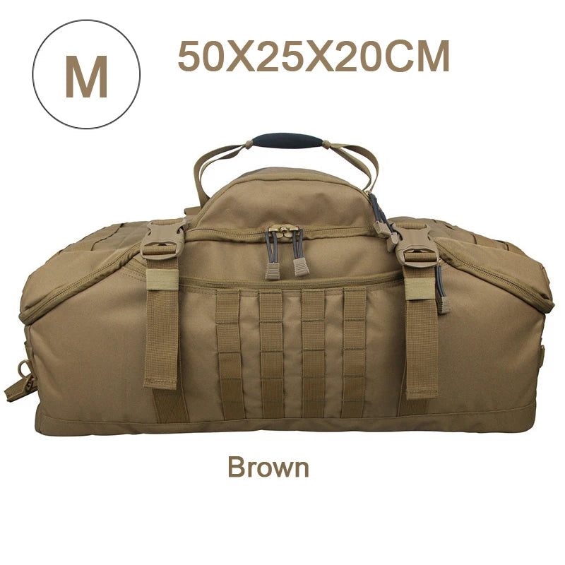 Tactical MOLLE duffel backpack in brown with front molle panel, straps, and top handle