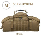 Tactical MOLLE duffel backpack in brown with front molle panel, straps, and top handle