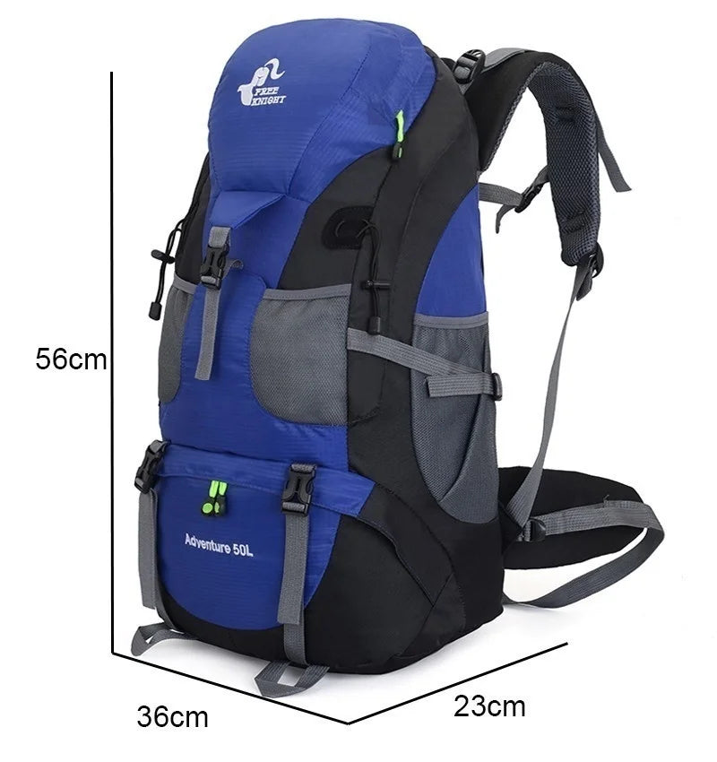 Blue hiking backpack with visible measurements and front attachment loops