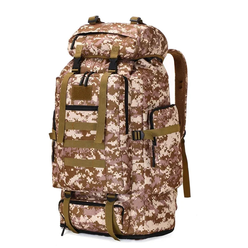 Desert camo tactical backpack with front organizer panel, MOLLE webbing, and straps