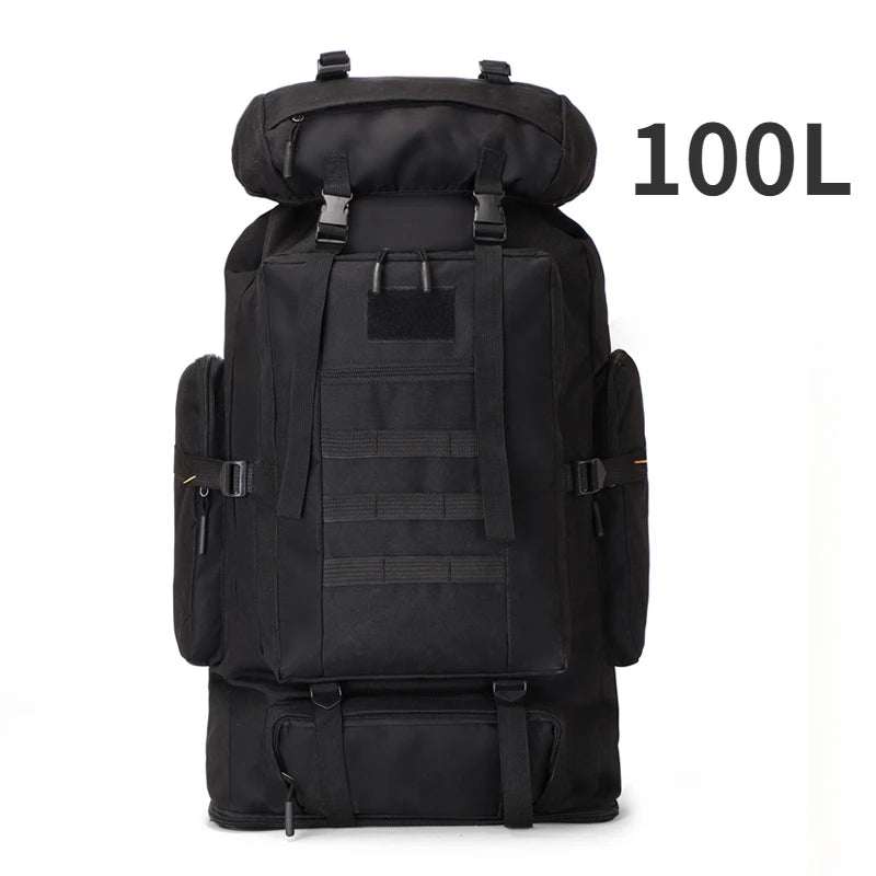 100L black tactical backpack with front MOLLE webbing panel and side carry handles