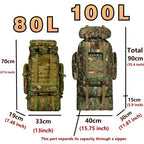 Camo tactical backpack size diagram showing 80L and 100L dimensions and expanding zipper