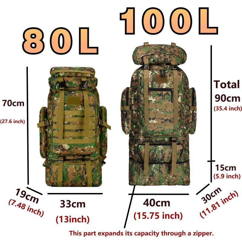 Camo tactical backpack size diagram showing 80L and 100L dimensions and expanding zipper