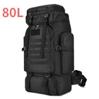 80L black tactical backpack with front webbing panel, side pocket, and adjustable straps