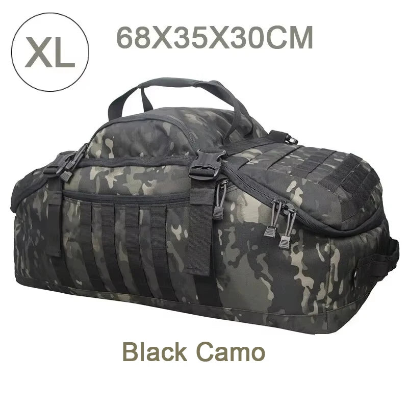 Tactical MOLLE duffel backpack in black camouflage, top handles and side webbing straps