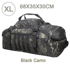 Tactical MOLLE duffel backpack in black camouflage, top handles and side webbing straps