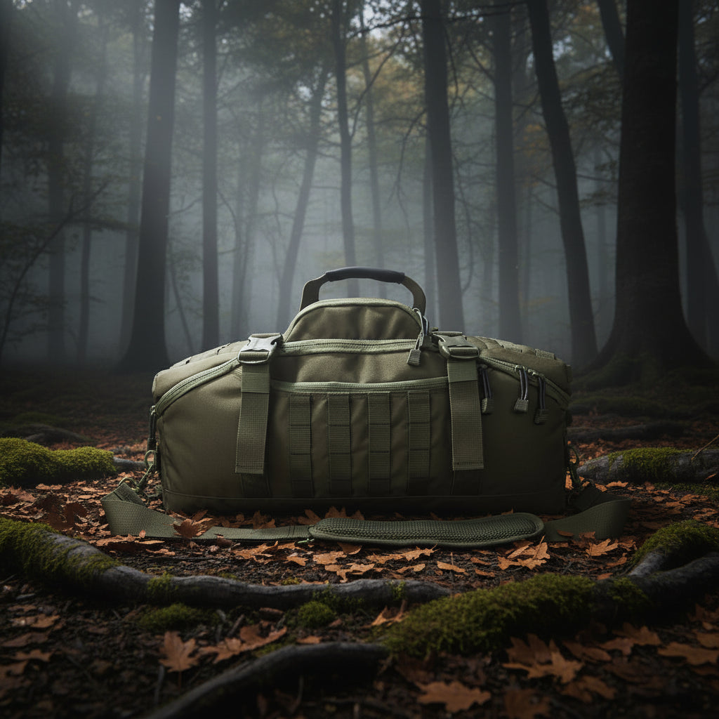 Tactical MOLLE backpack in olive green with front panel straps and top handle