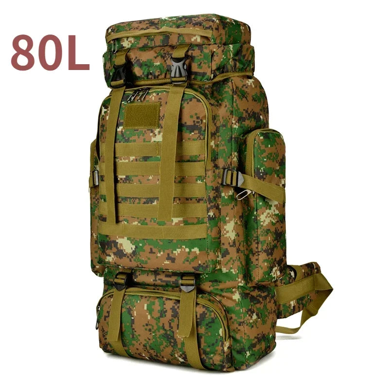 80L tactical backpack in green camouflage with front MOLLE squares and side carry handle