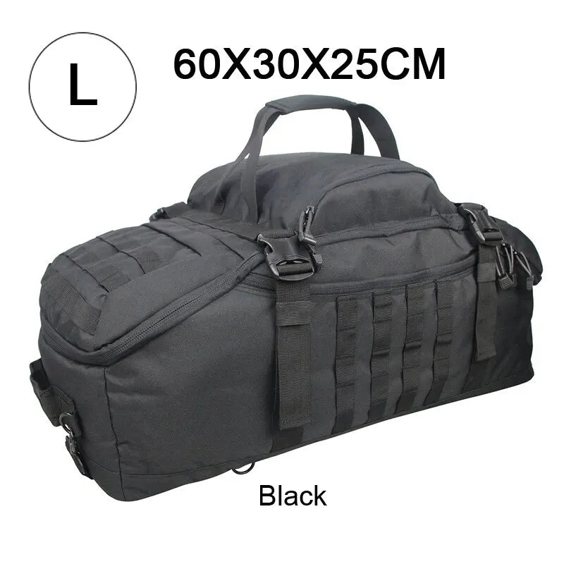 Tactical MOLLE duffel backpack in black with front webbing panel and padded end section