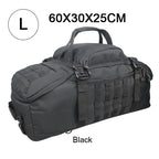 Tactical MOLLE duffel backpack in black with front webbing panel and padded end section