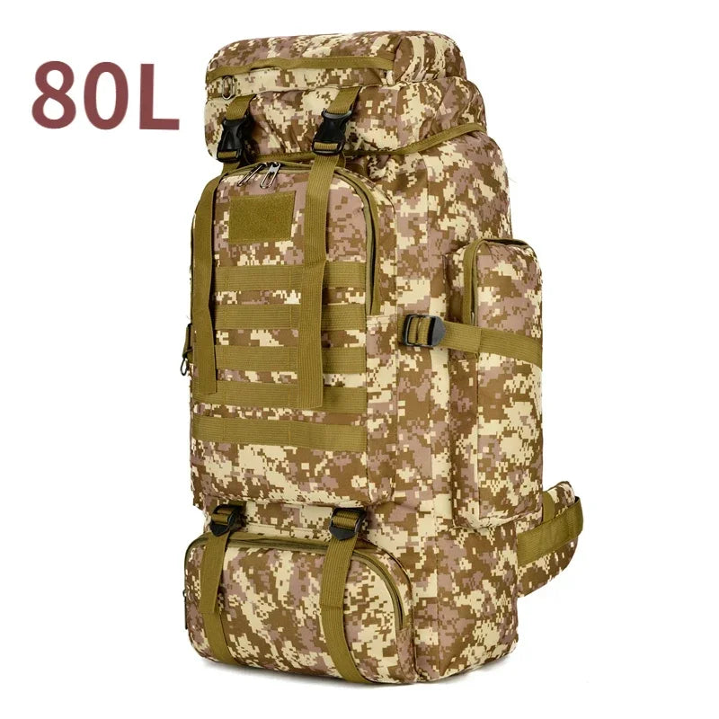 80L tactical backpack in desert camouflage with front straps and curved side pocket
