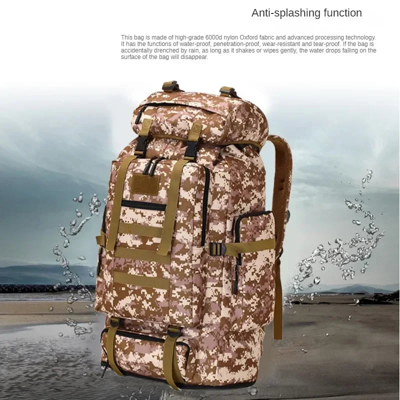 Tactical backpack in desert camo print with front MOLLE panel and carry straps