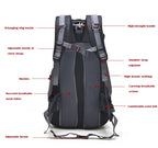 Black hiking backpack front view with shoulder straps, breathable mesh panel, and buckles