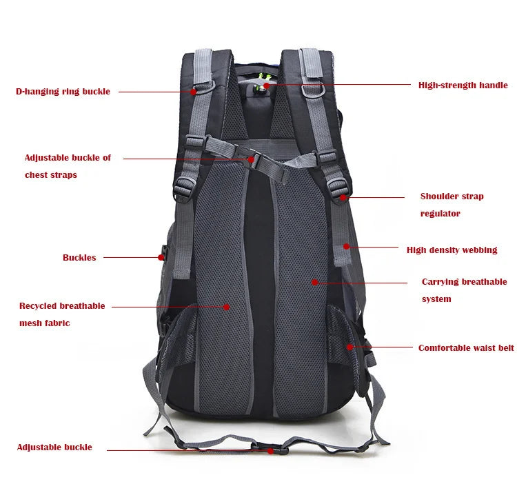 Black hiking backpack front view with shoulder straps, breathable mesh panel, and buckles