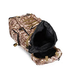 Tactical backpack in desert camouflage with side opening to black interior compartment