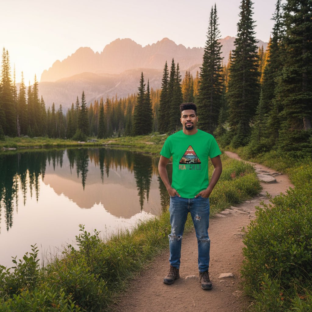 Green adventure T-shirt with triangle “Roam the Wild” landscape graphic