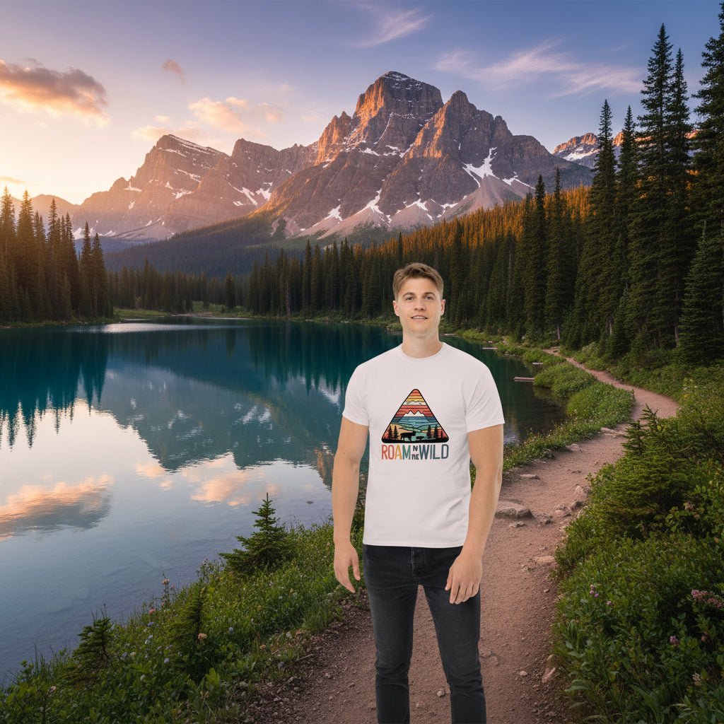 White adventure T-shirt with triangle “Roam the Wild” landscape graphic