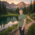 Olive green adventure T-shirt with triangle “Roam the Wild” landscape graphic
