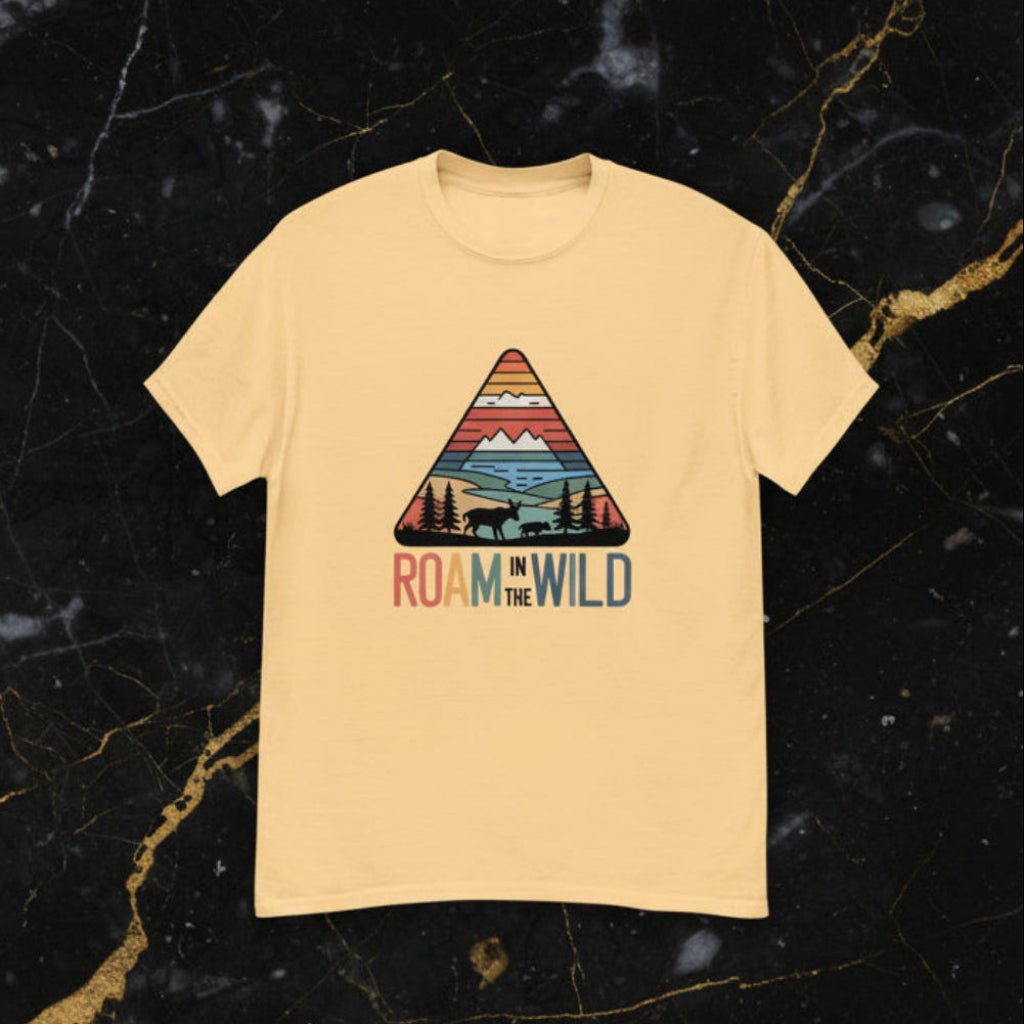 Beige graphic t-shirt with triangular Roam the Wild front print
